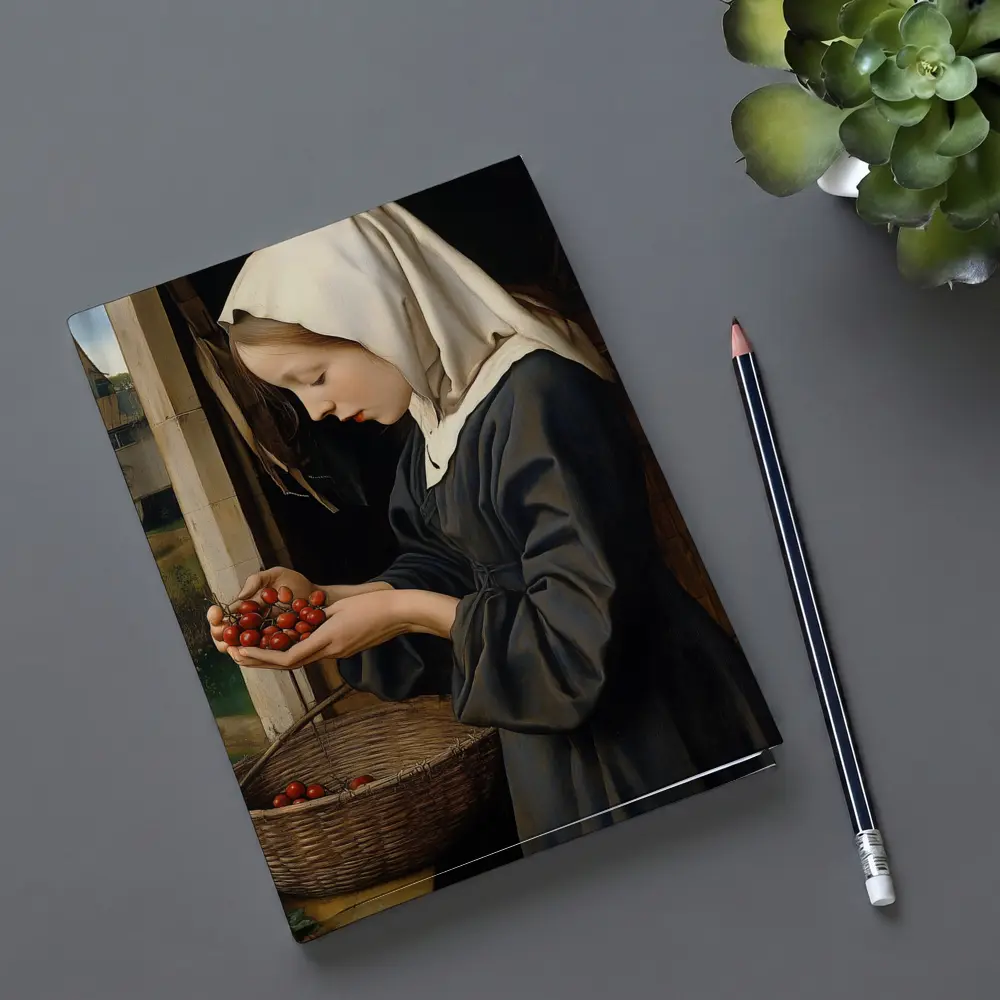 Young Nun Holding Cherries Renaissance Painting – Notebooks