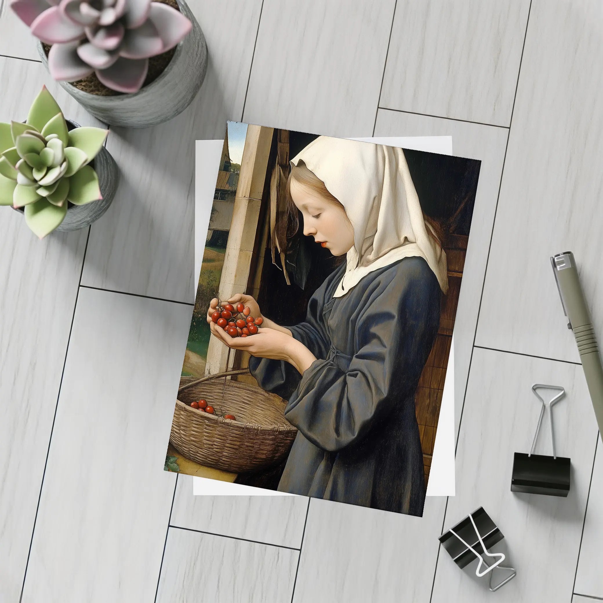 Young Nun Holding Cherries Renaissance Painting – Postcards