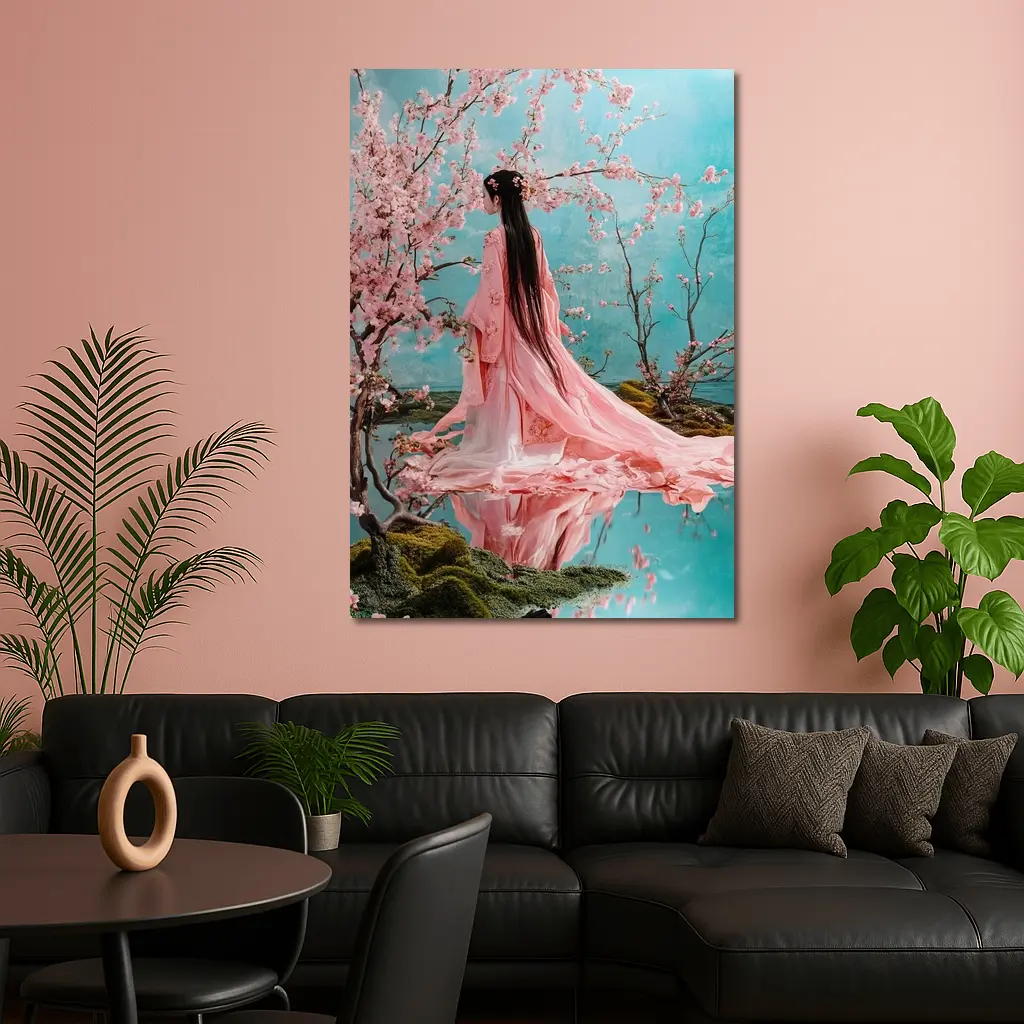Woman in Pink Hanfu Cherry Blossom Garden – Wall Art