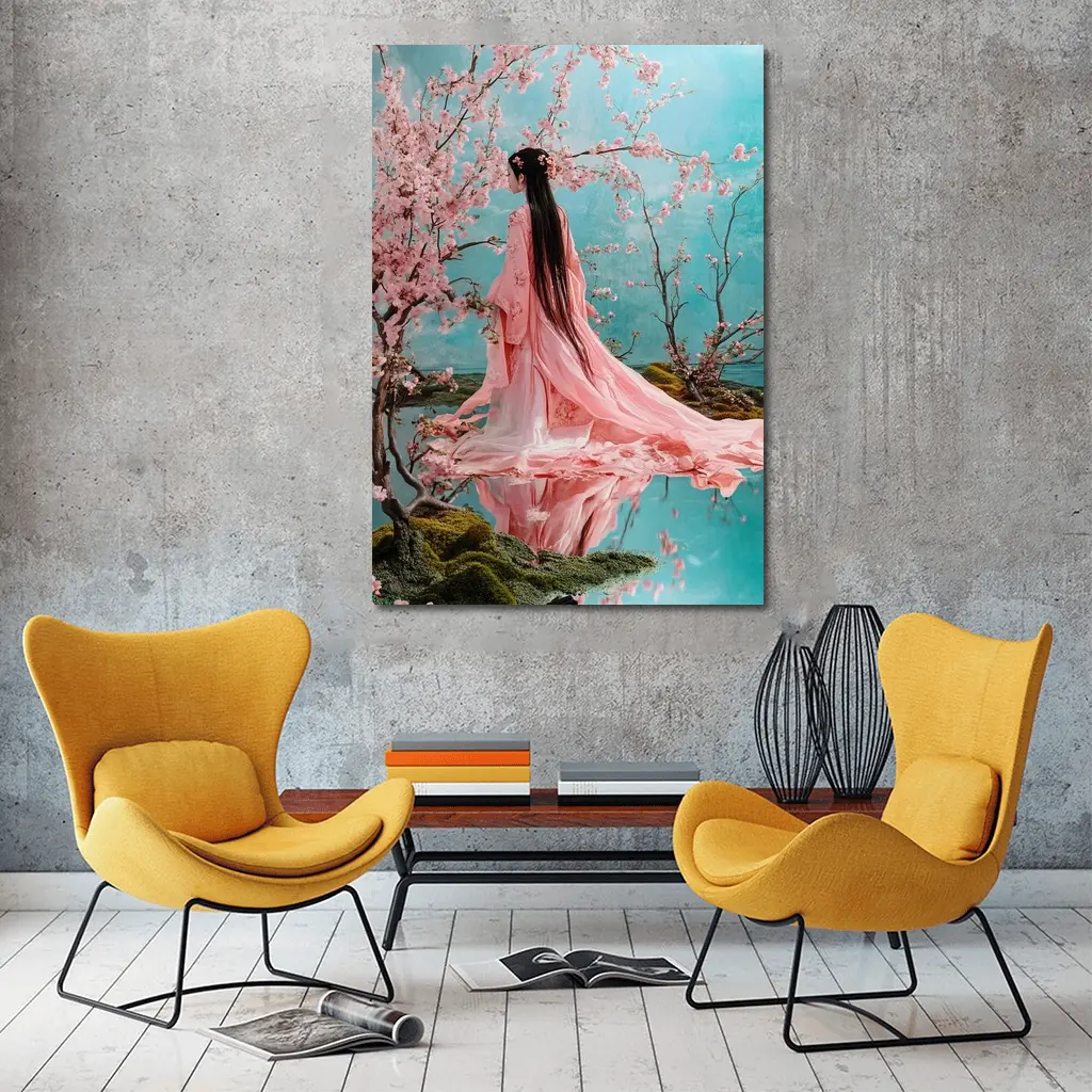 Woman in Pink Hanfu Cherry Blossom Garden – Wall Art
