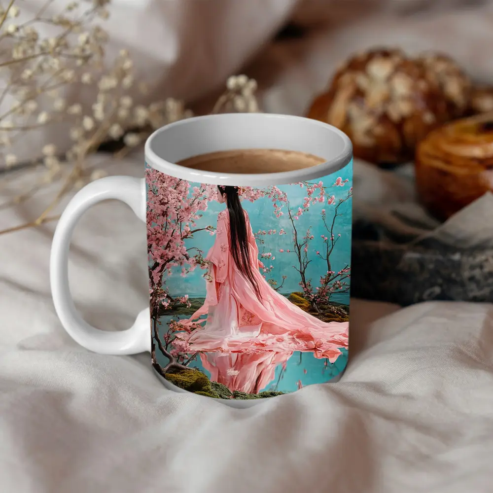Woman in Pink Hanfu Cherry Blossom Garden – Mugs