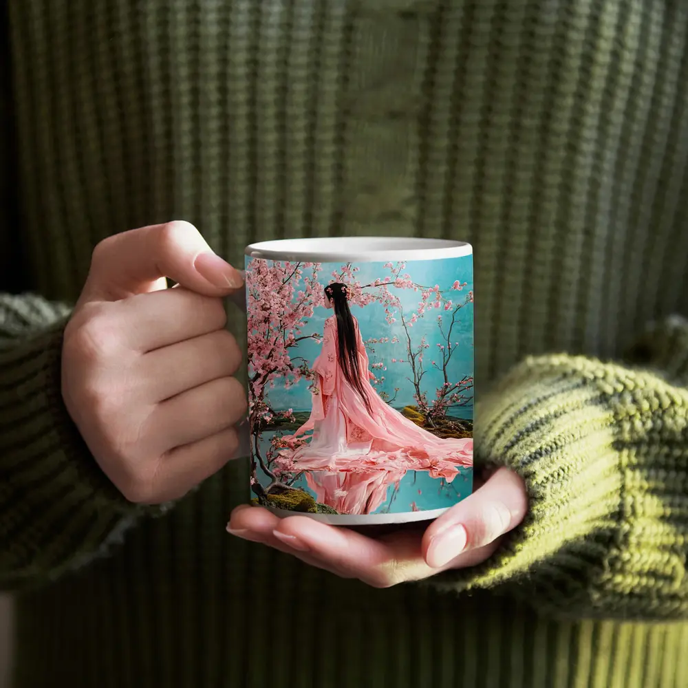 Woman in Pink Hanfu Cherry Blossom Garden – Mugs