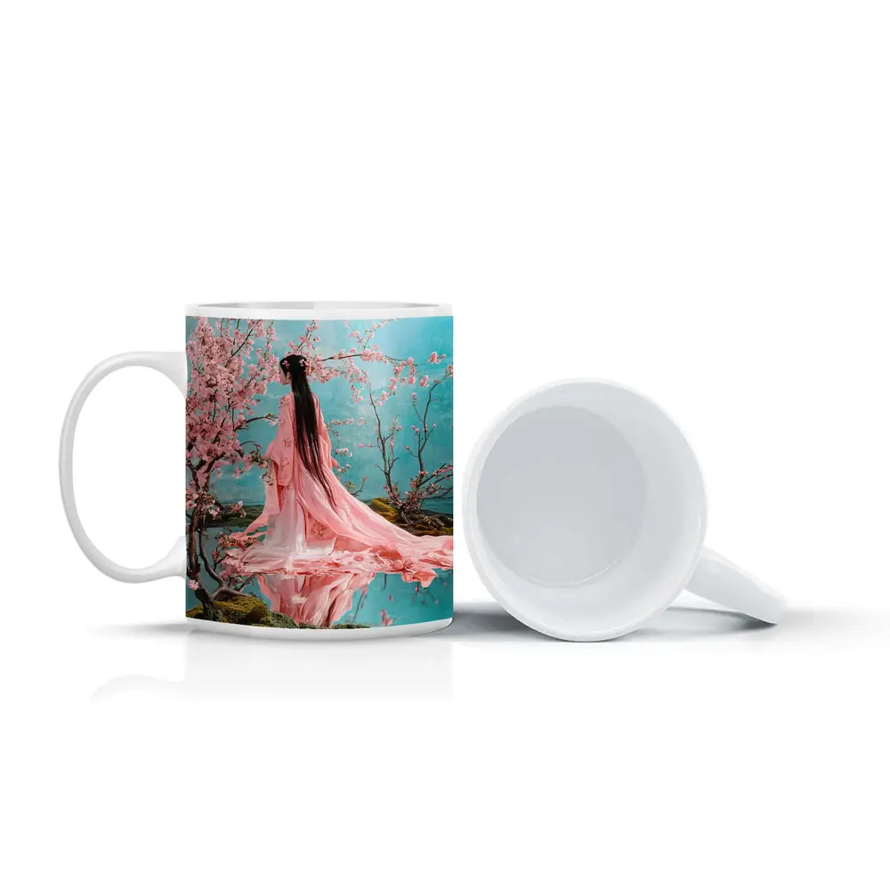 Woman in Pink Hanfu Cherry Blossom Garden – Mugs