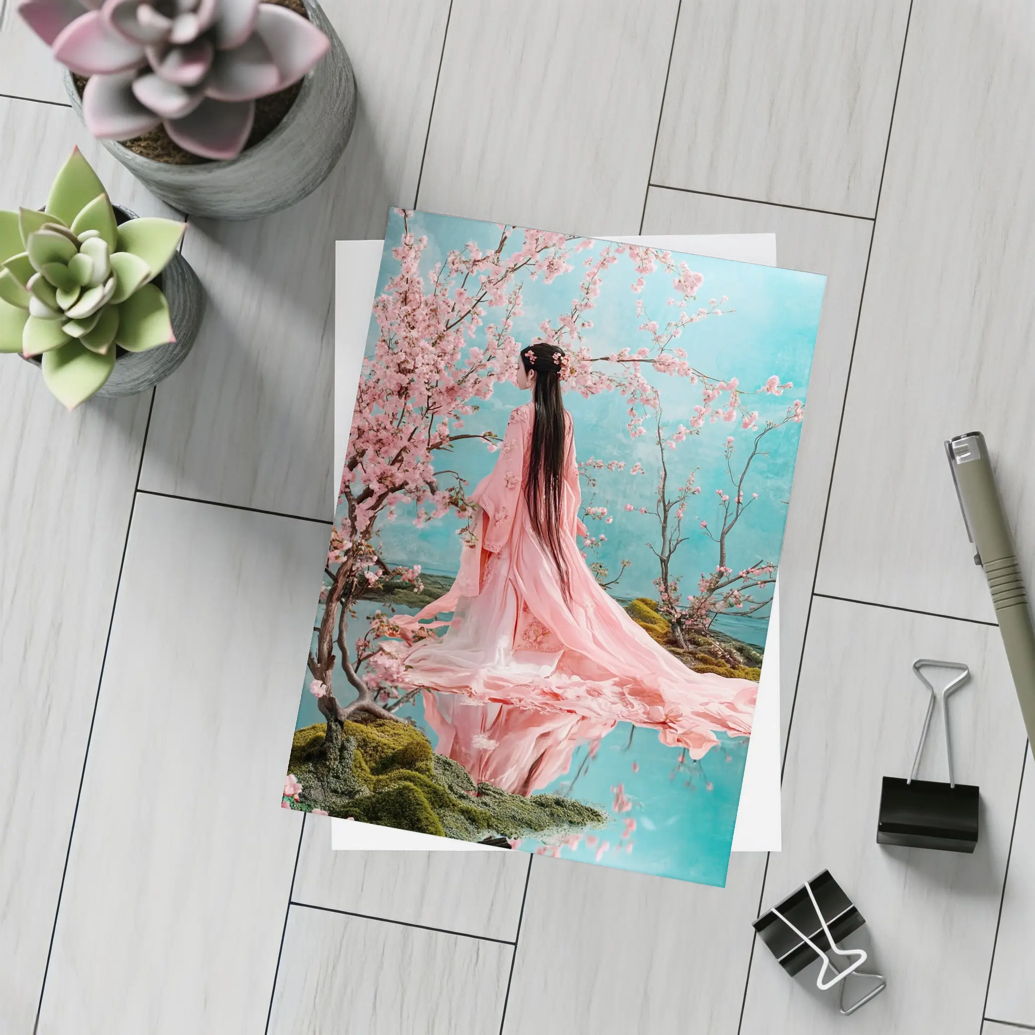 Woman in Pink Hanfu Cherry Blossom Garden – Postcards
