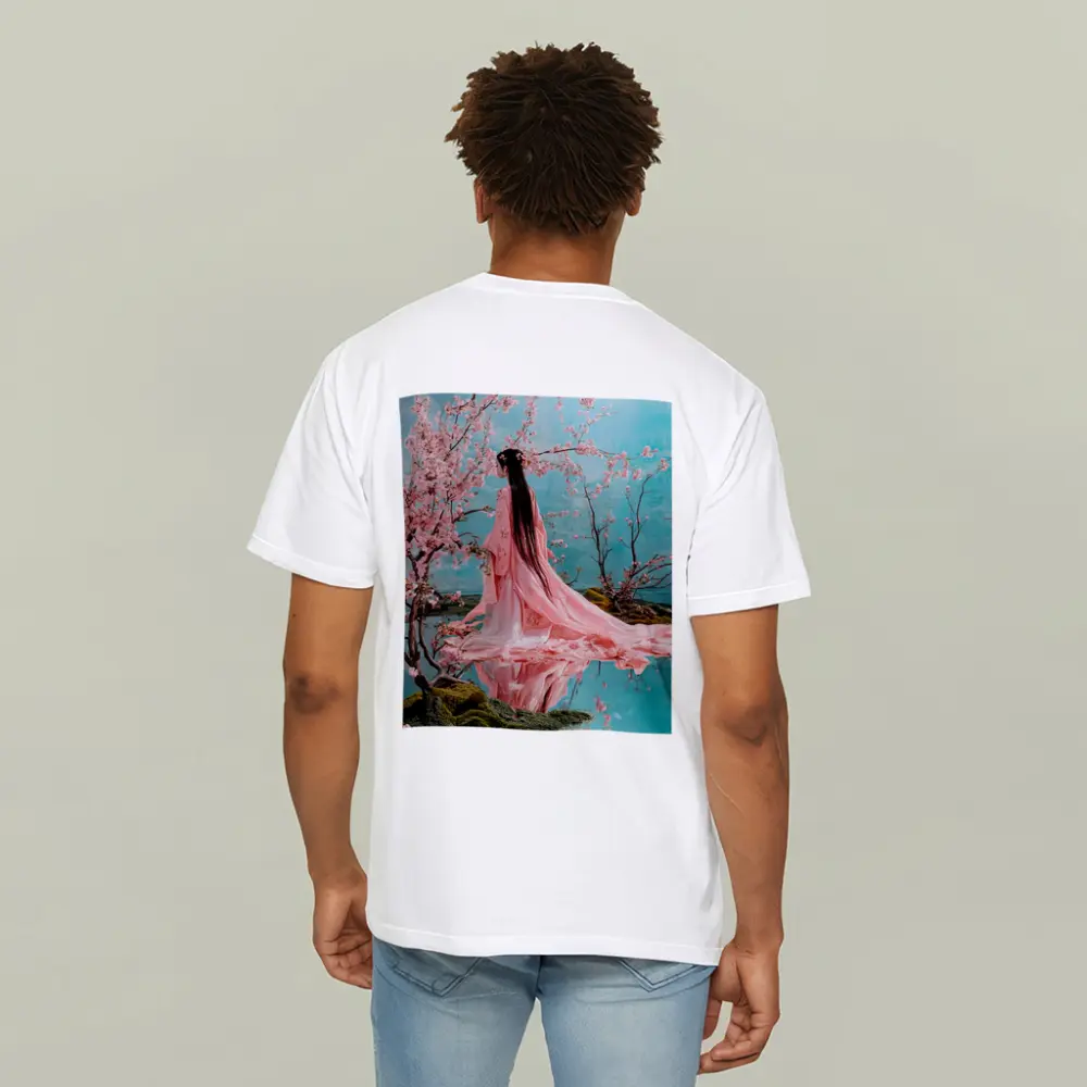 Woman in Pink Hanfu Cherry Blossom Garden – T-Shirts