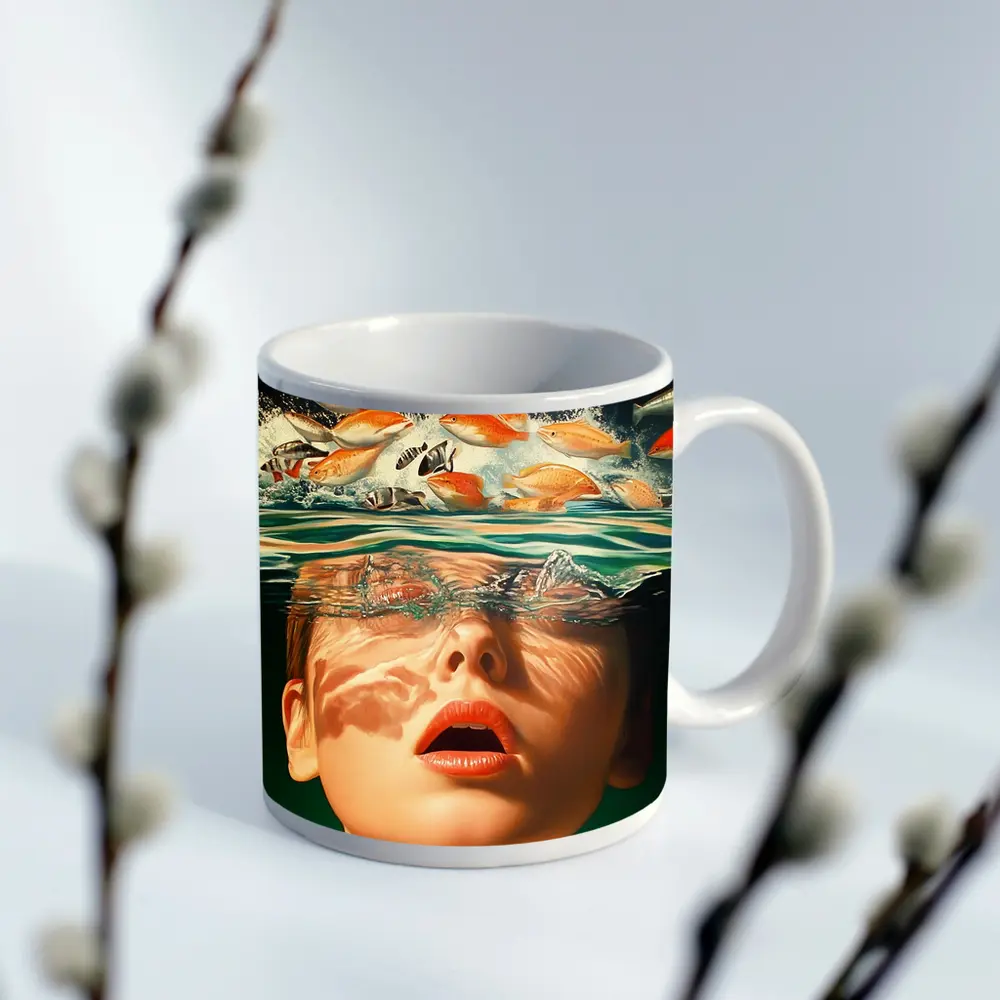 Woman Submerged in Water with Fish – Mugs