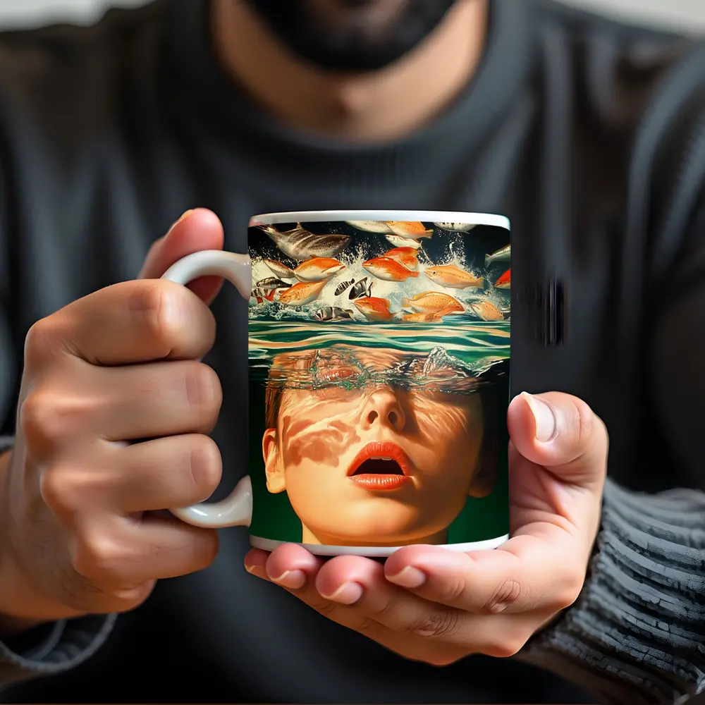 Woman Submerged in Water with Fish – Mugs