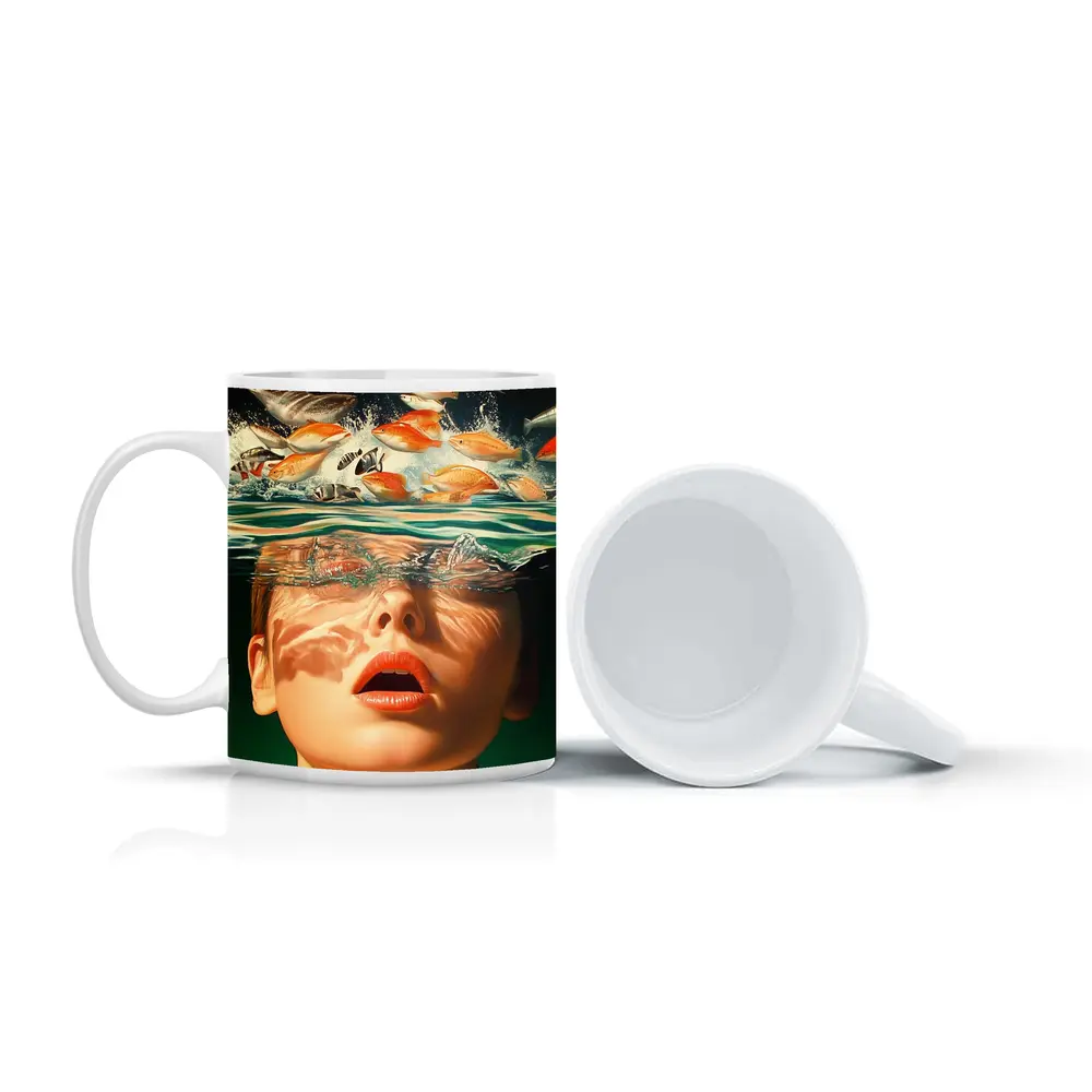 Woman Submerged in Water with Fish – Mugs