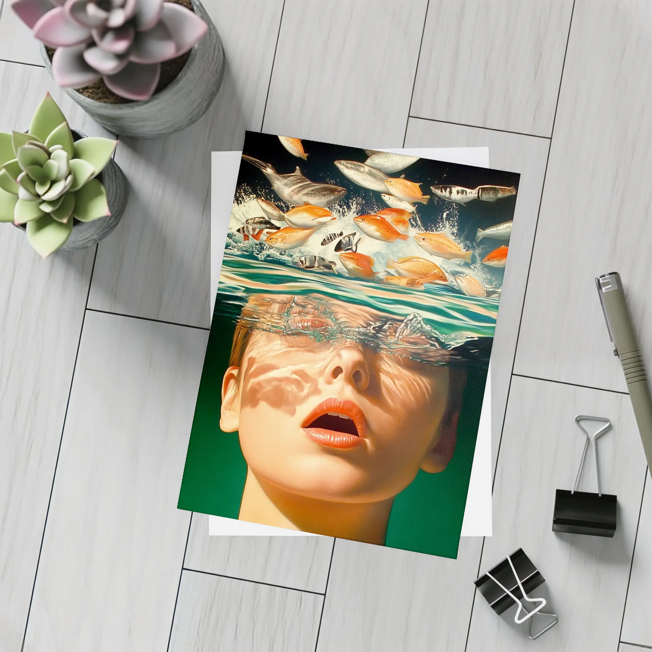 Woman Submerged in Water with Fish – Postcards