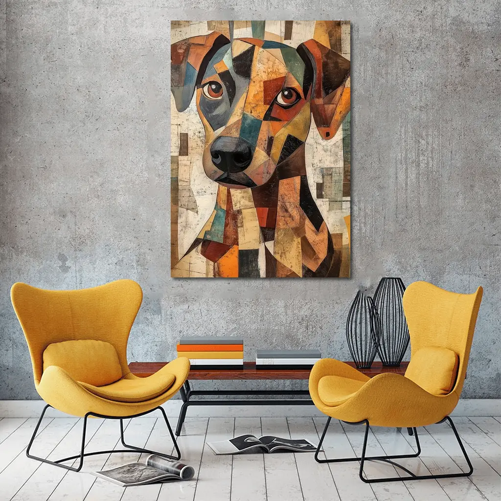 Geometric Cubist Dog Portrait Abstract Art – Wall Art