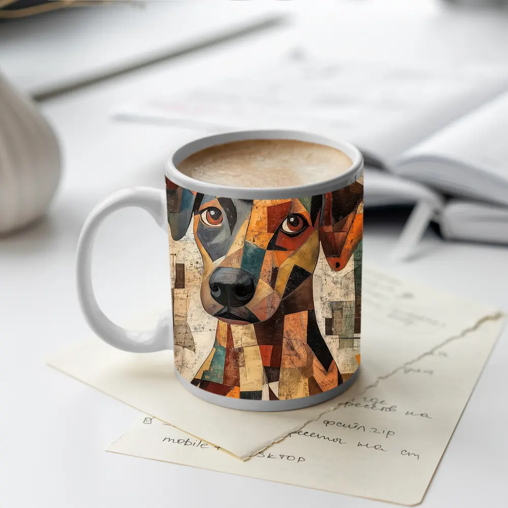 Geometric Cubist Dog Portrait Abstract Art – Mugs