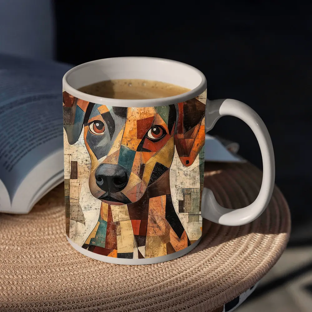 Geometric Cubist Dog Portrait Abstract Art – Mugs