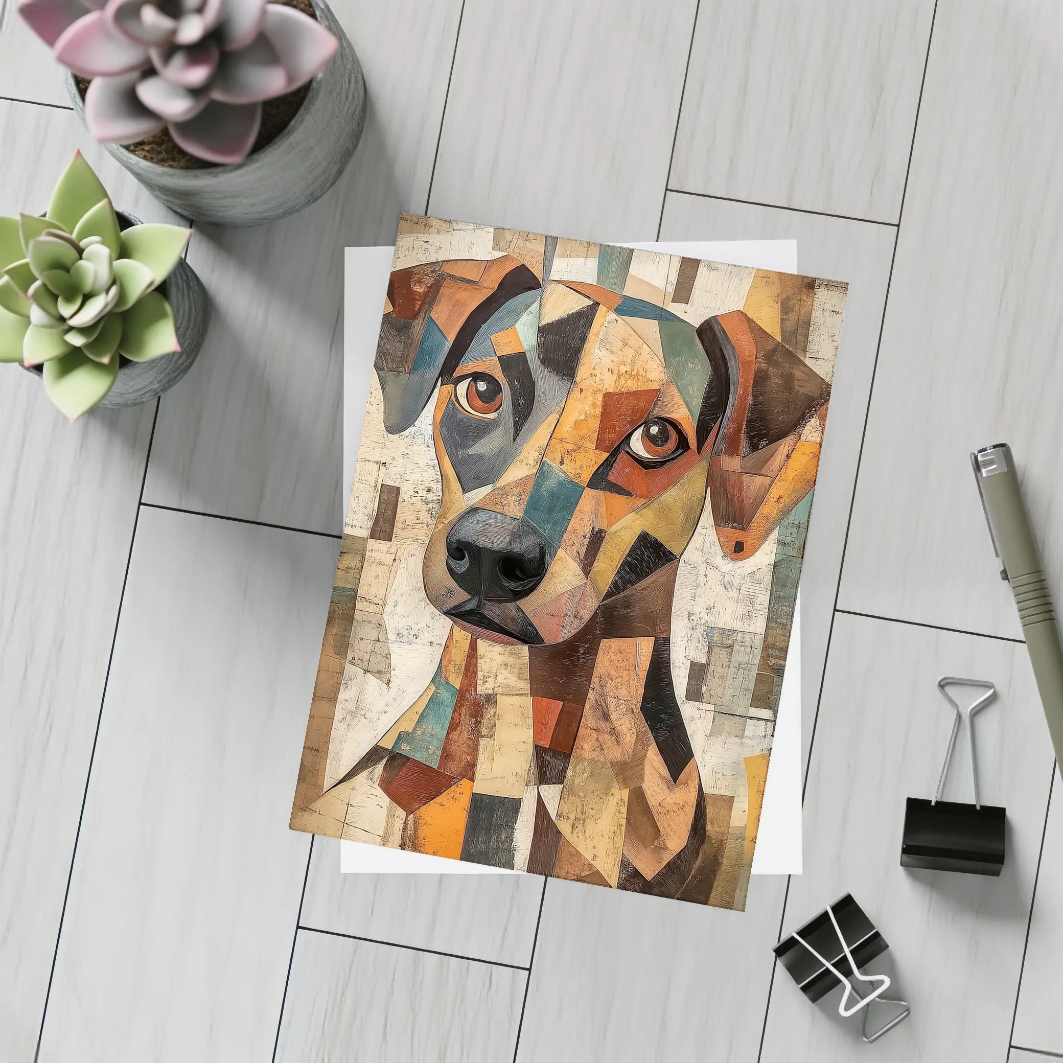 Geometric Cubist Dog Portrait Abstract Art – Postcards