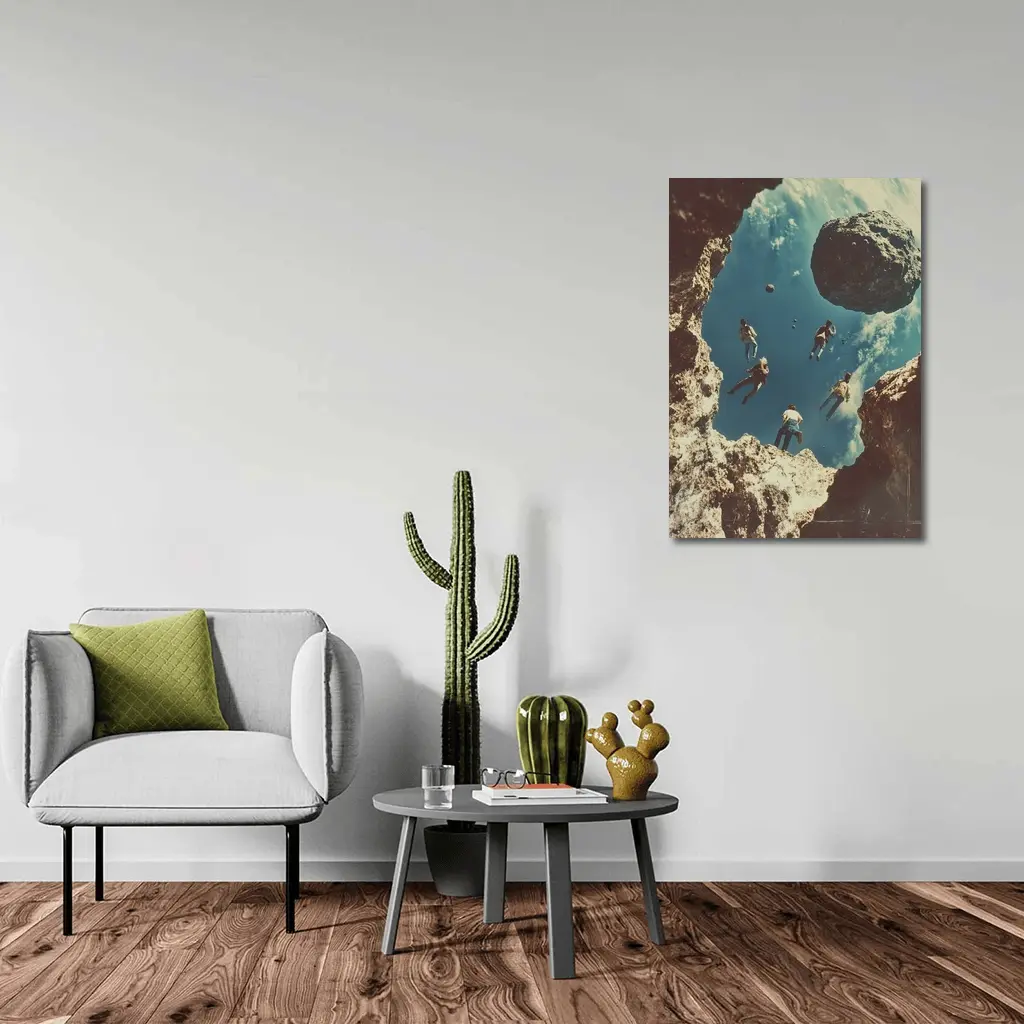 People Floating Above Rocky Cliff Surreal – Wall Art