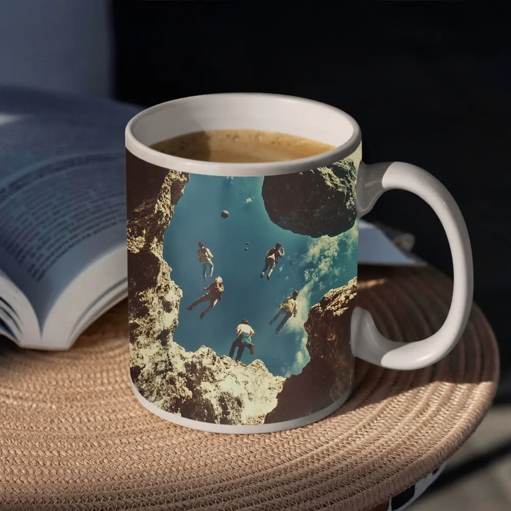 People Floating Above Rocky Cliff Surreal – Mugs