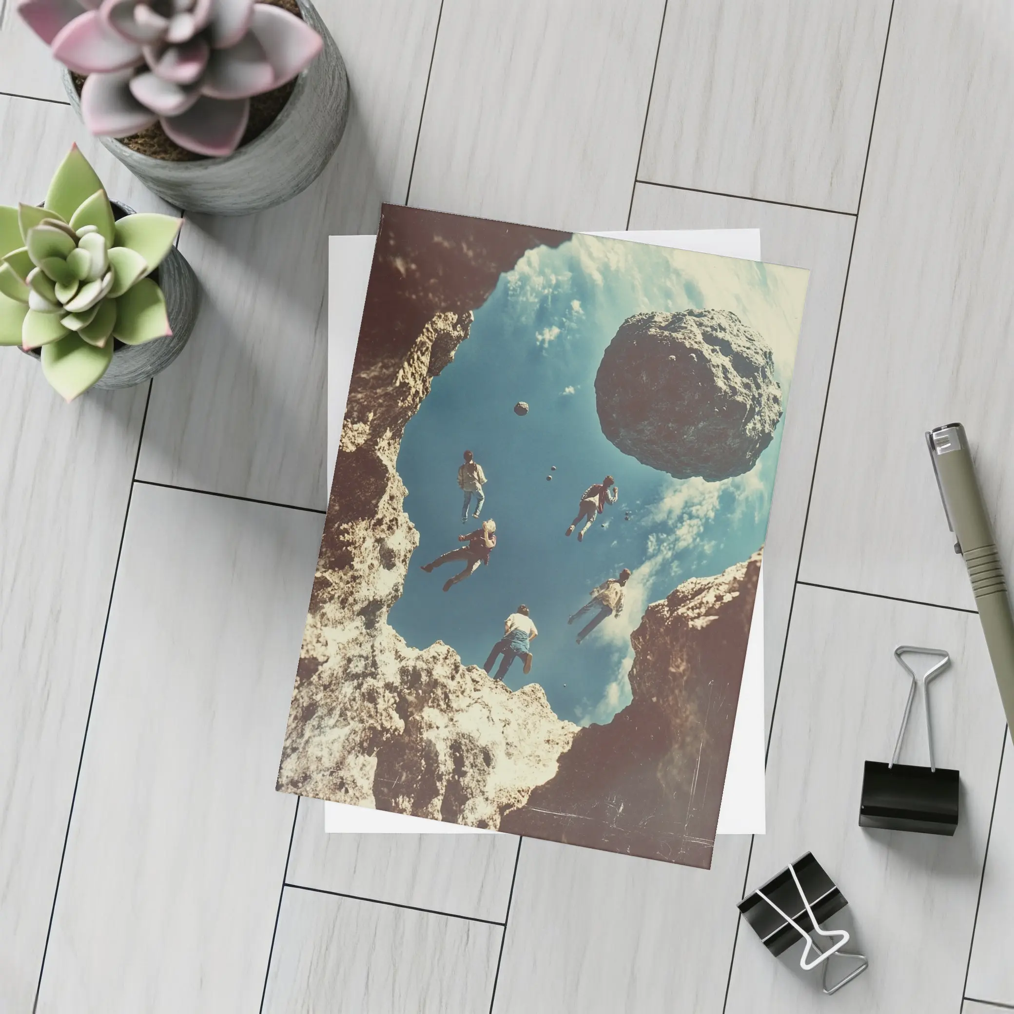 People Floating Above Rocky Cliff Surreal – Postcards