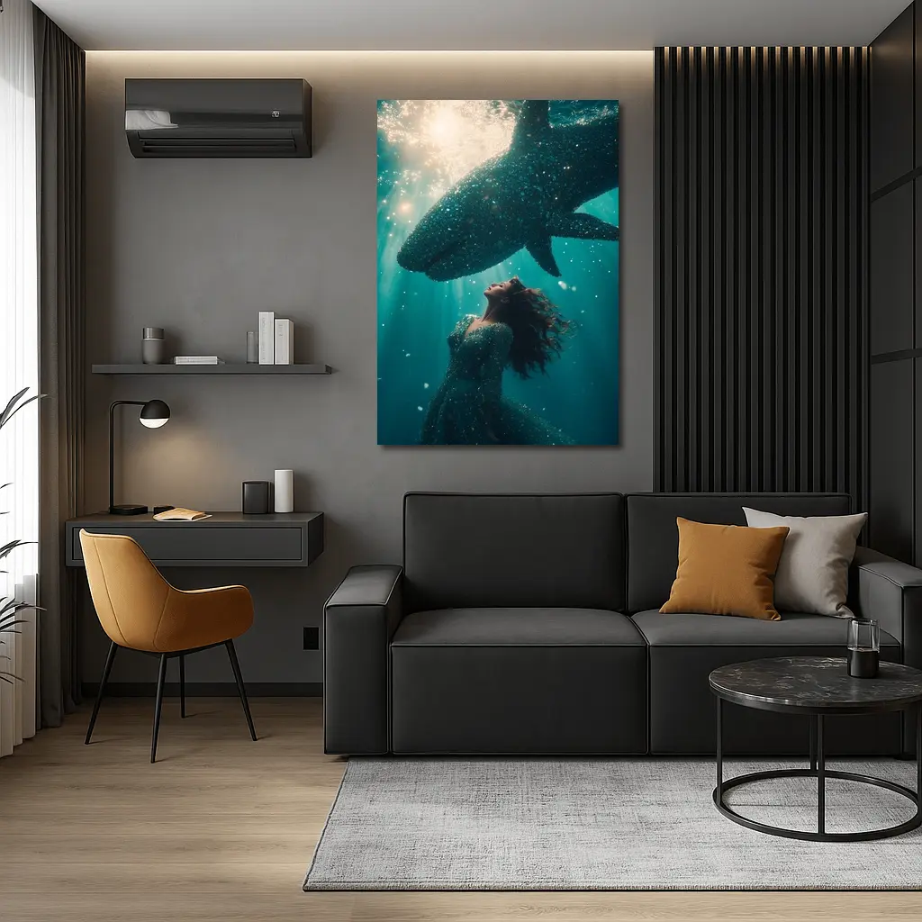 Woman and Shark Underwater Surreal Ocean Scene – Wall Art