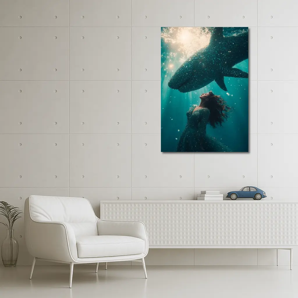 Woman and Shark Underwater Surreal Ocean Scene – Wall Art