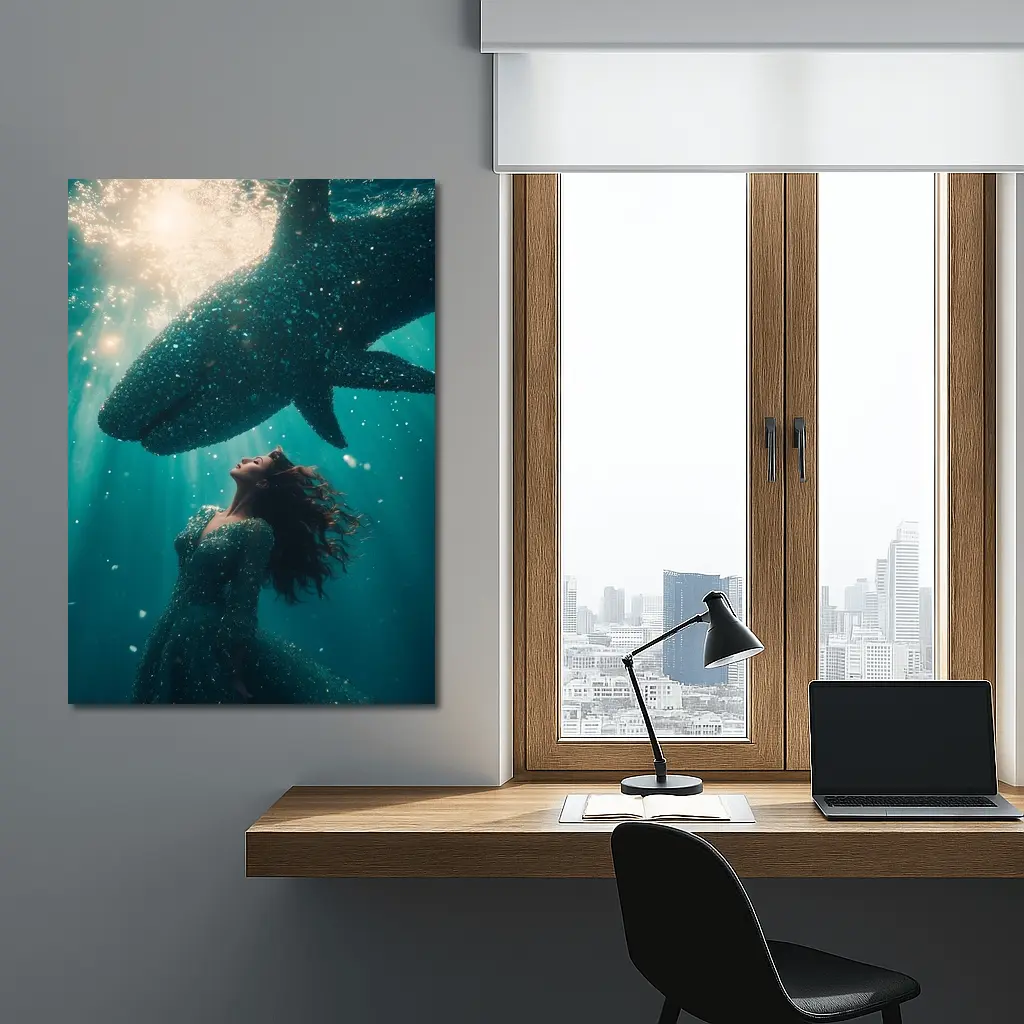 Woman and Shark Underwater Surreal Ocean Scene – Wall Art