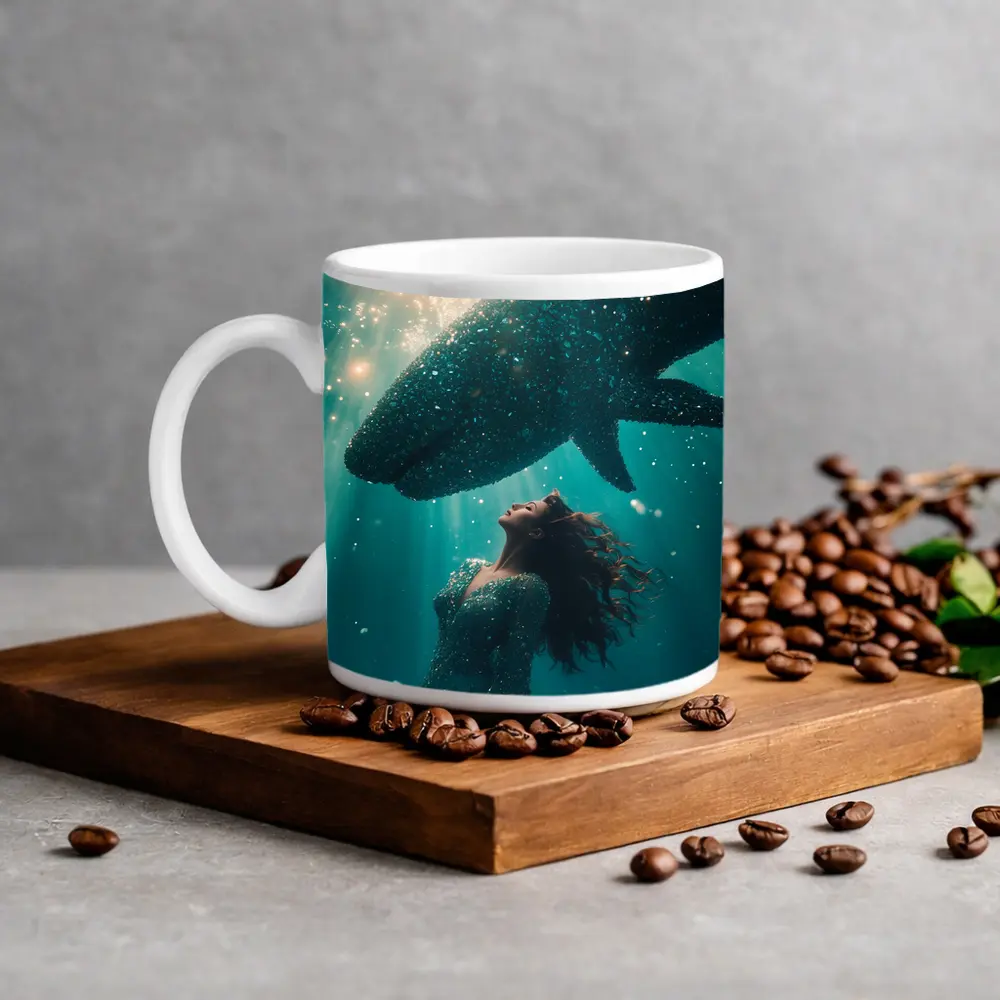 Woman and Shark Underwater Surreal Ocean Scene – Mugs