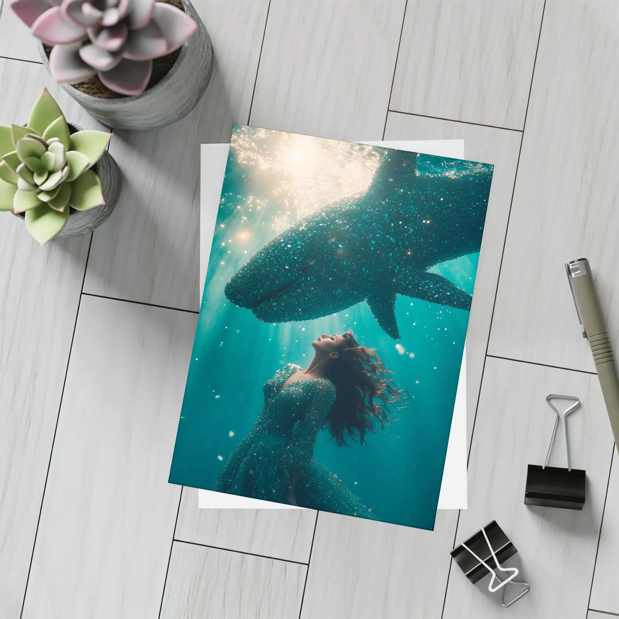 Woman and Shark Underwater Surreal Ocean Scene – Postcards