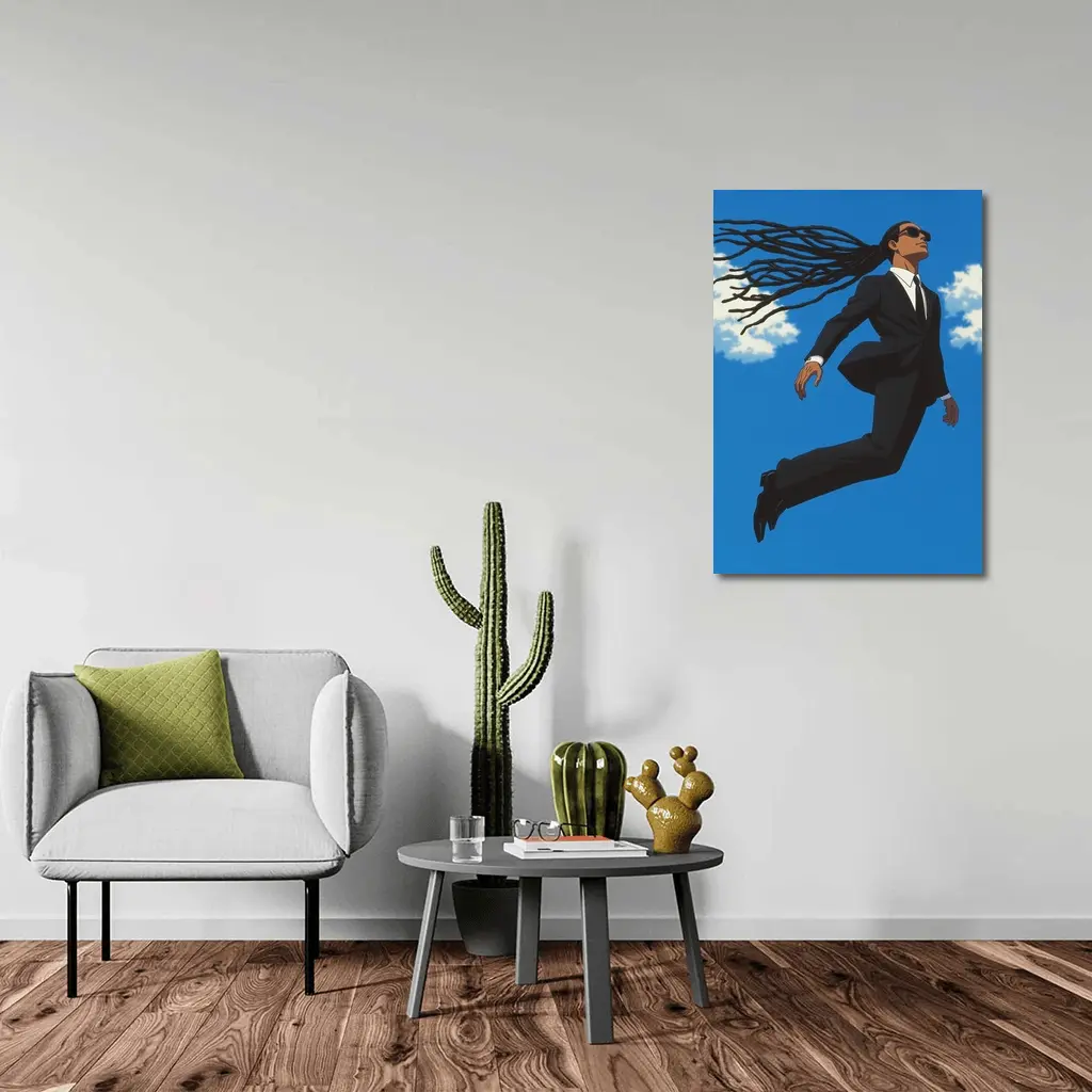 Man Flying in Black Suit Blue Sky – Wall Art