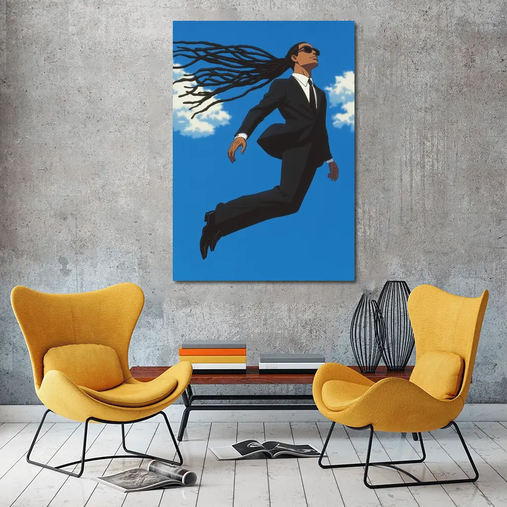 Man Flying in Black Suit Blue Sky – Wall Art