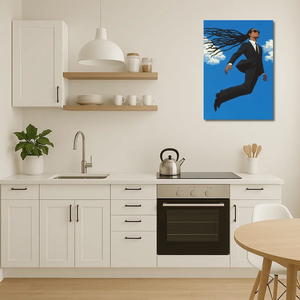 Man Flying in Black Suit Blue Sky – Wall Art