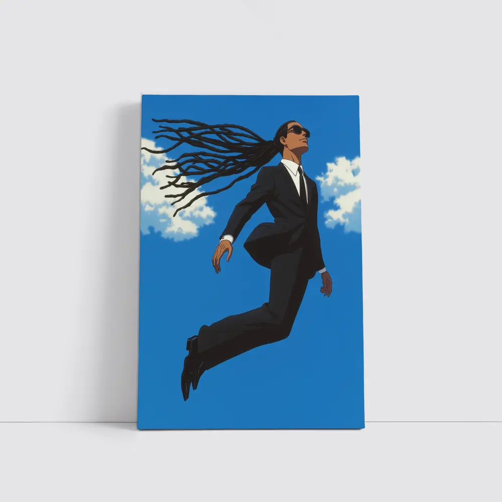 Man Flying in Black Suit Blue Sky – Wall Art