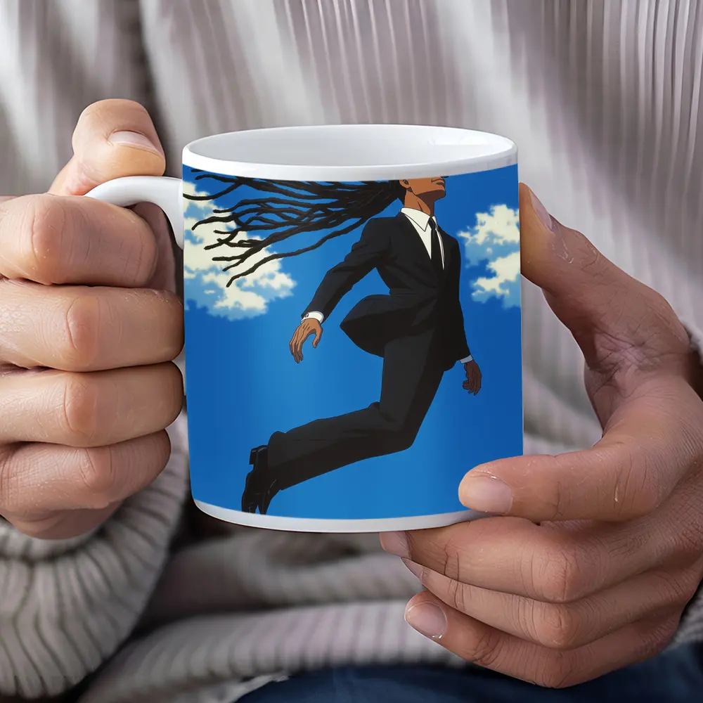 Man Flying in Black Suit Blue Sky – Mugs
