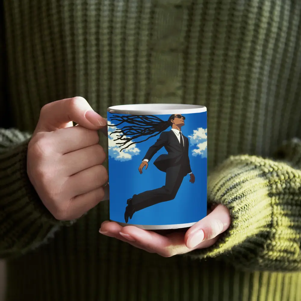 Man Flying in Black Suit Blue Sky – Mugs