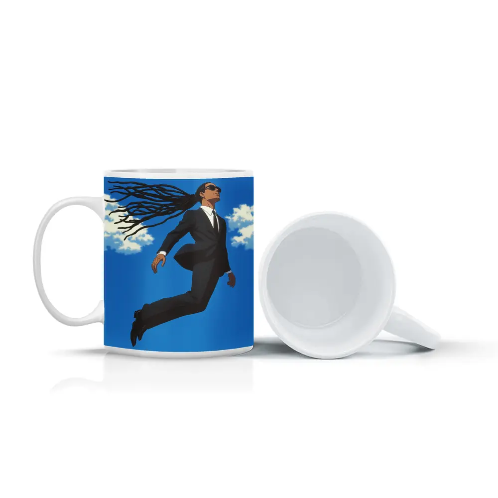 Man Flying in Black Suit Blue Sky – Mugs