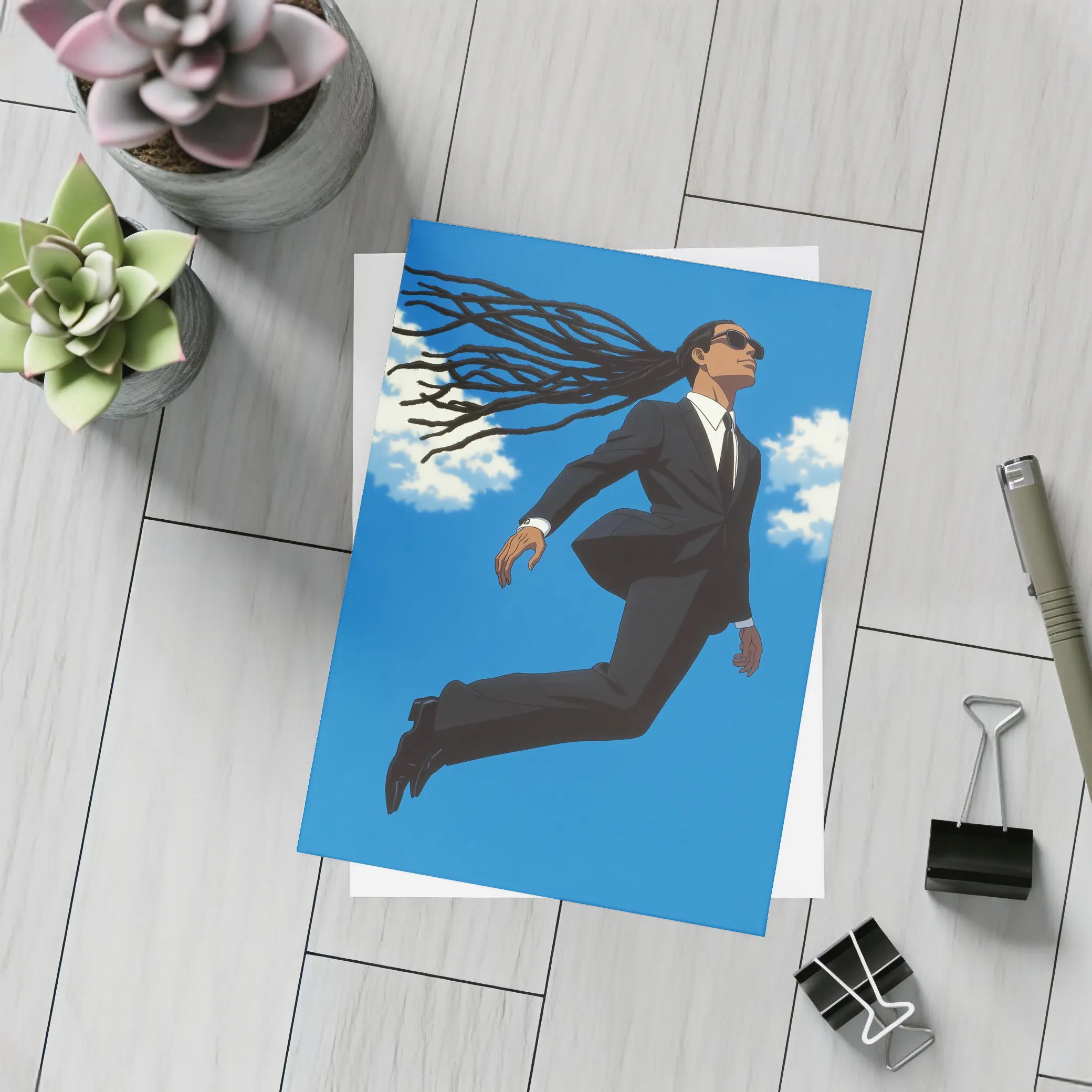 Man Flying in Black Suit Blue Sky – Postcards
