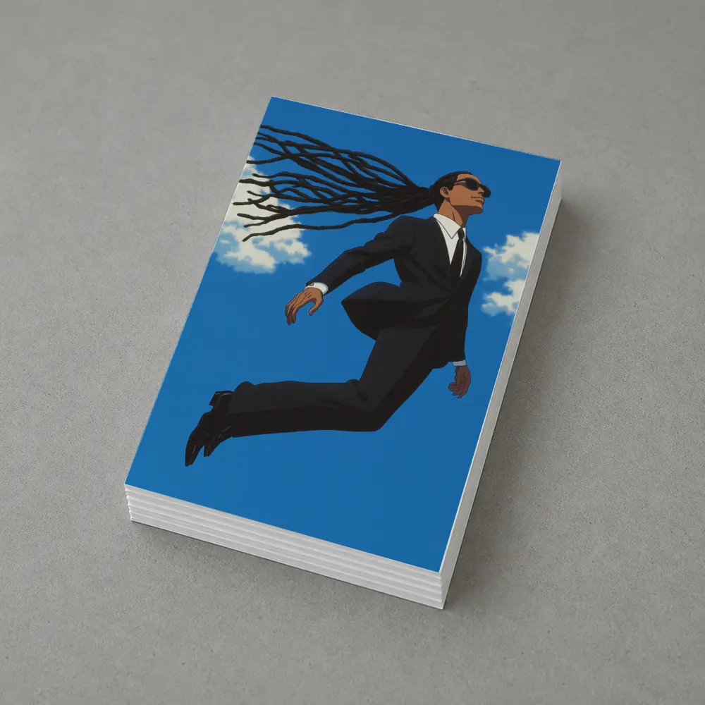Man Flying in Black Suit Blue Sky – Postcards
