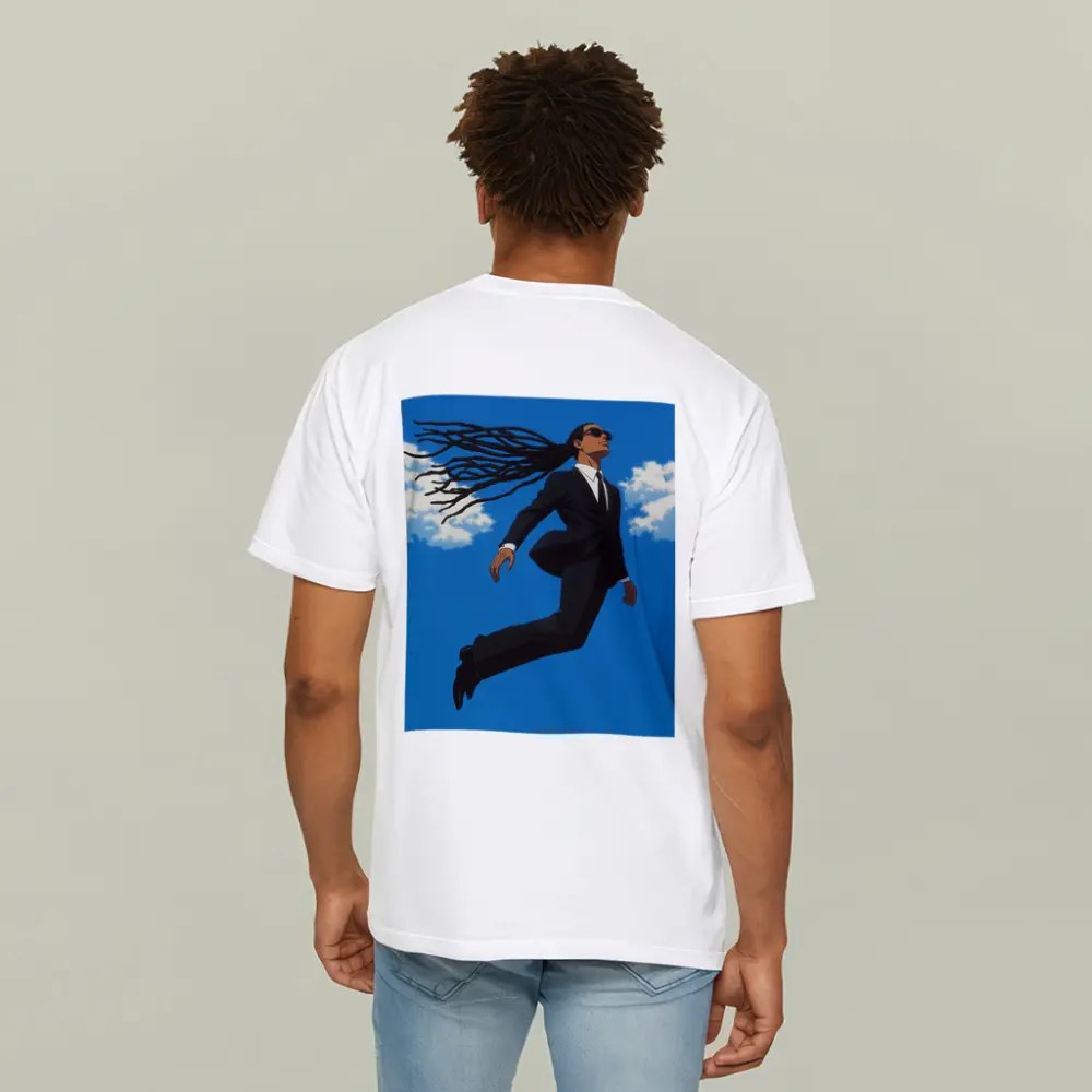 Man Flying in Black Suit Blue Sky – T-Shirts