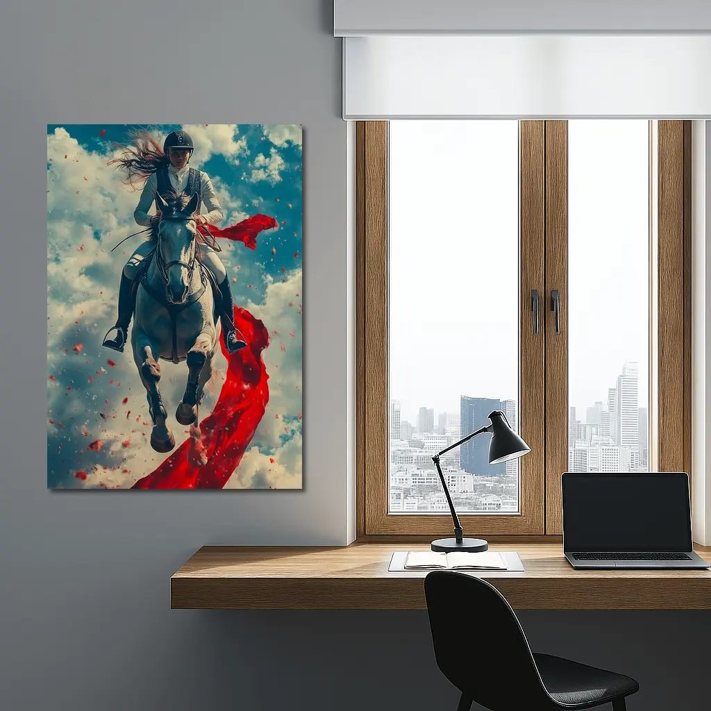 Female Equestrian Riding White Horse Red Ribbon – Wall Art