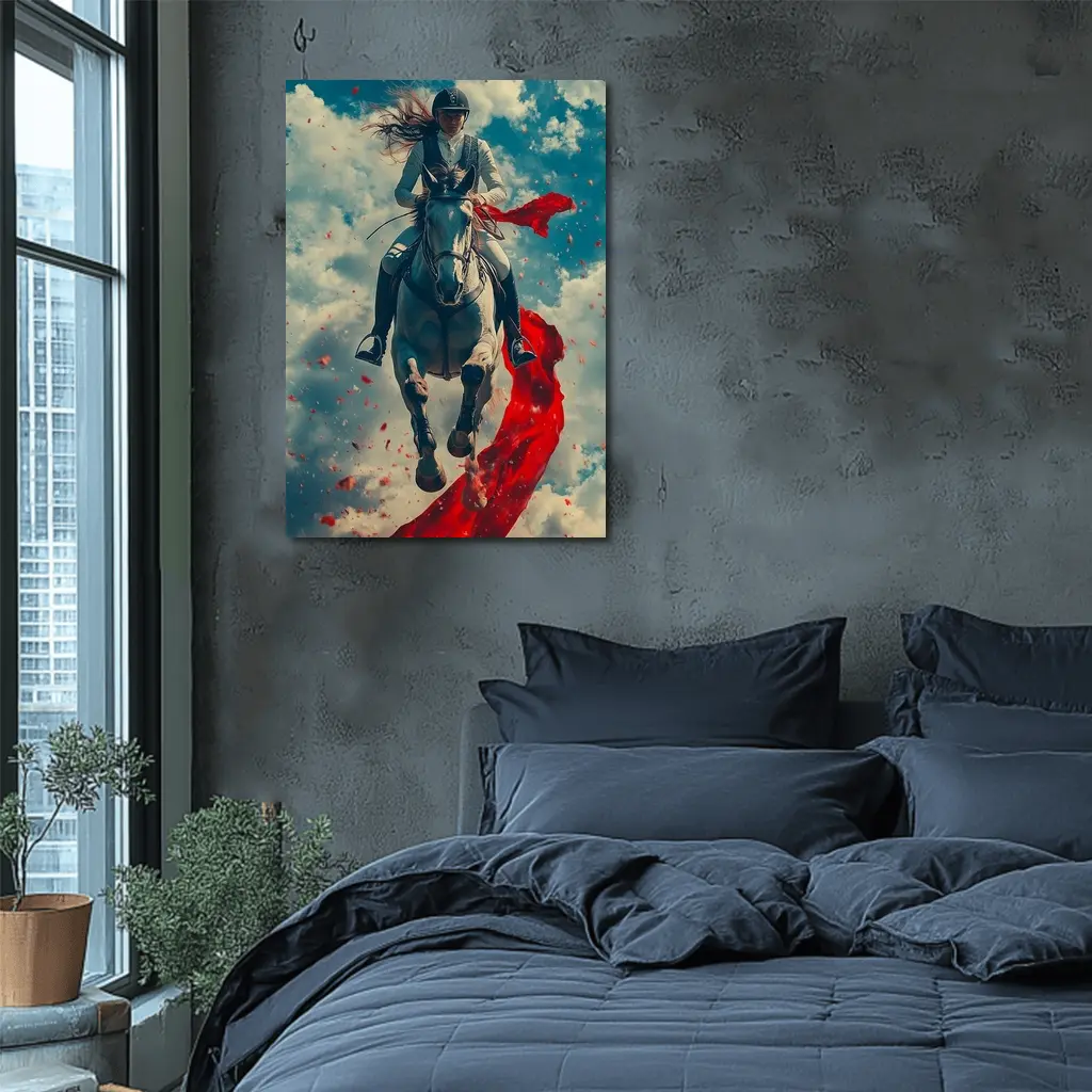Female Equestrian Riding White Horse Red Ribbon – Wall Art