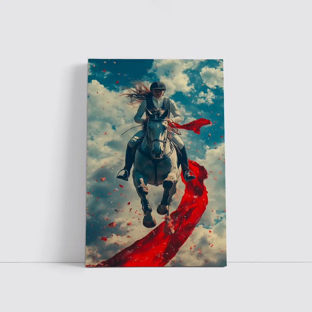 Female Equestrian Riding White Horse Red Ribbon – Wall Art