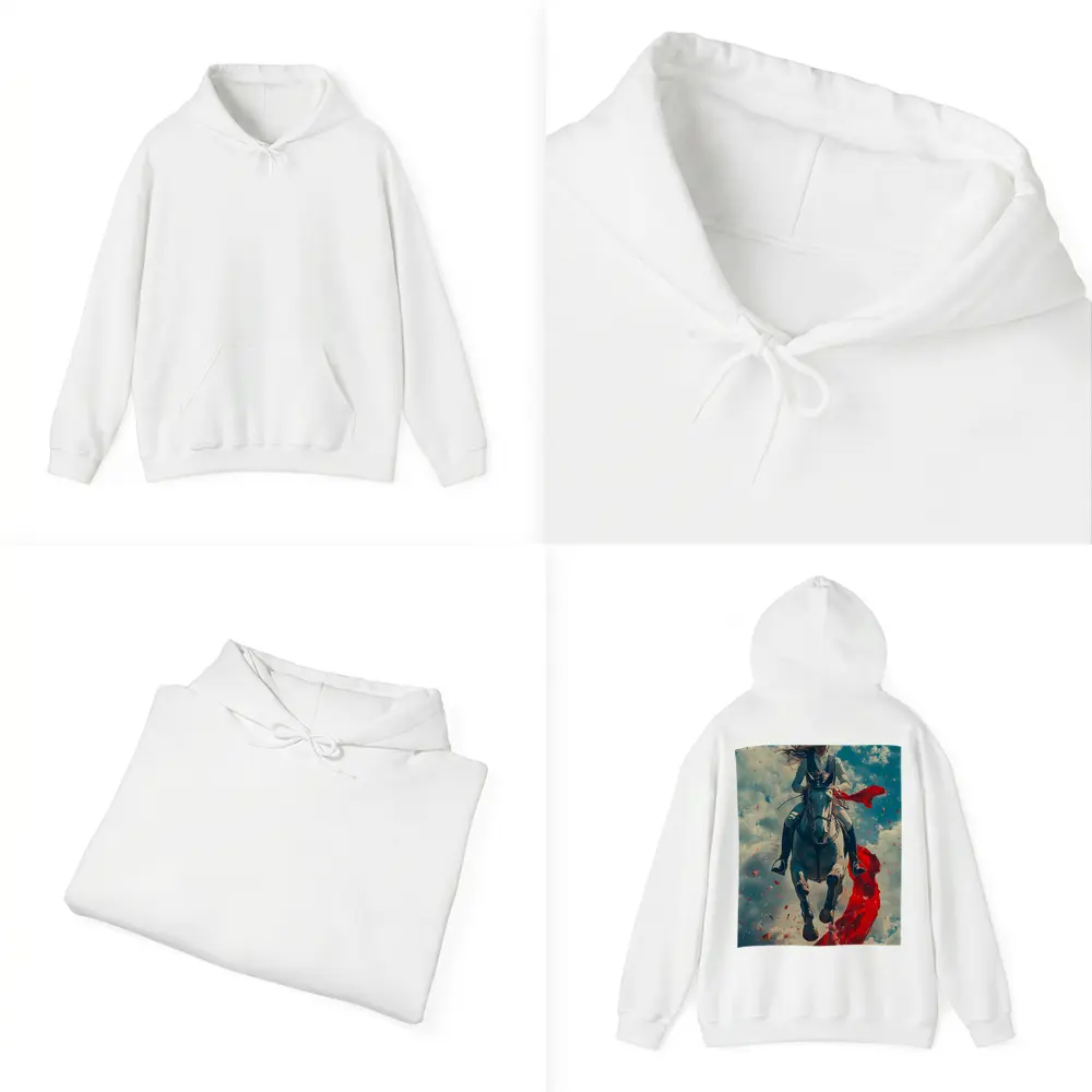Female Equestrian Riding White Horse Red Ribbon – Hoodies