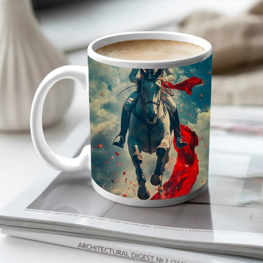 Female Equestrian Riding White Horse Red Ribbon – Mugs