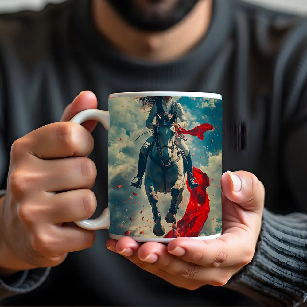 Female Equestrian Riding White Horse Red Ribbon – Mugs