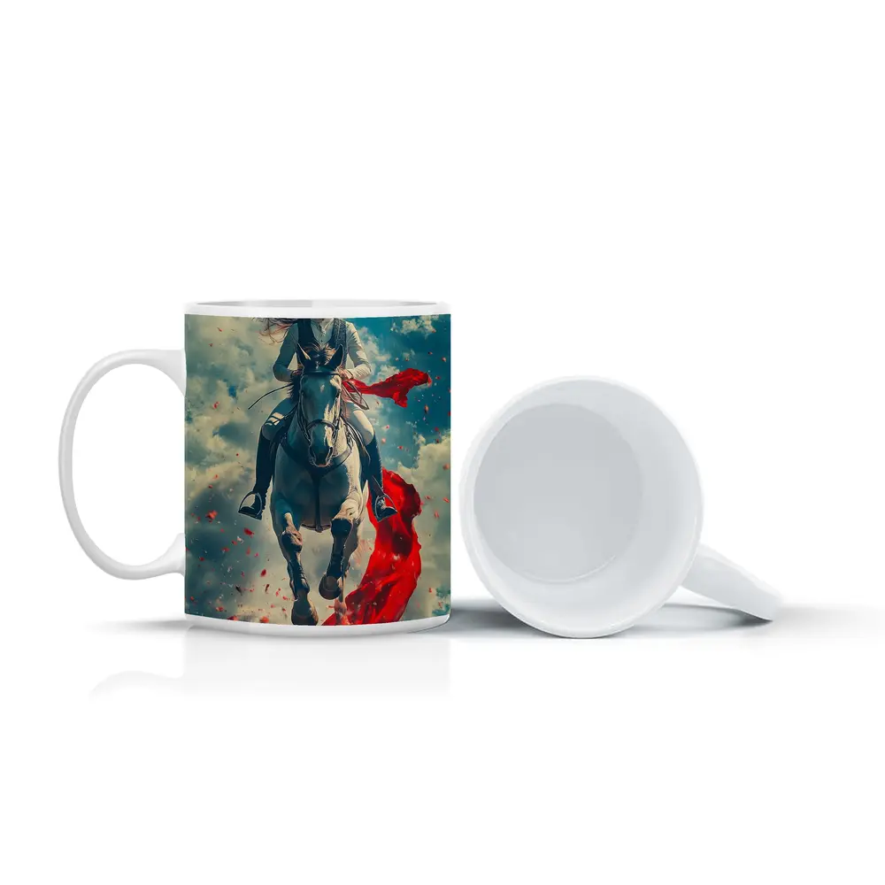 Female Equestrian Riding White Horse Red Ribbon – Mugs
