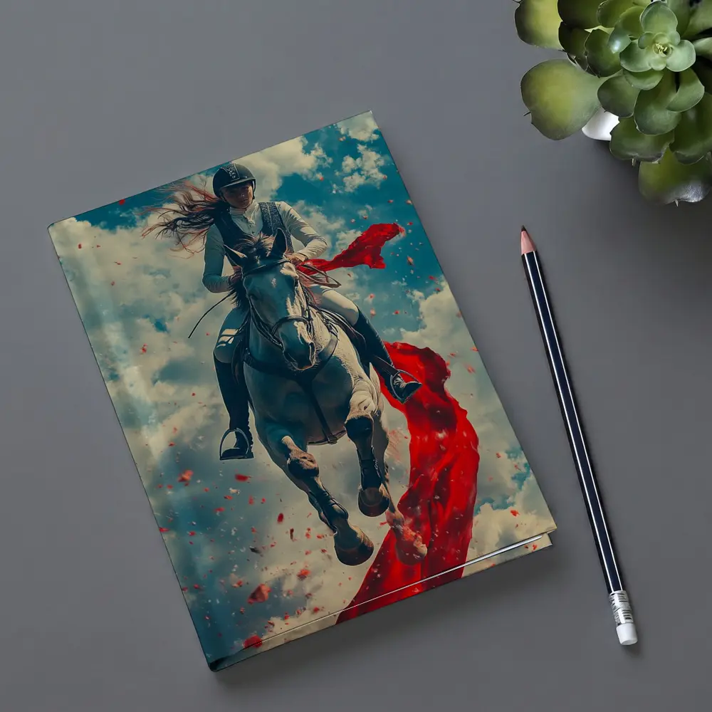 Female Equestrian Riding White Horse Red Ribbon – Notebooks