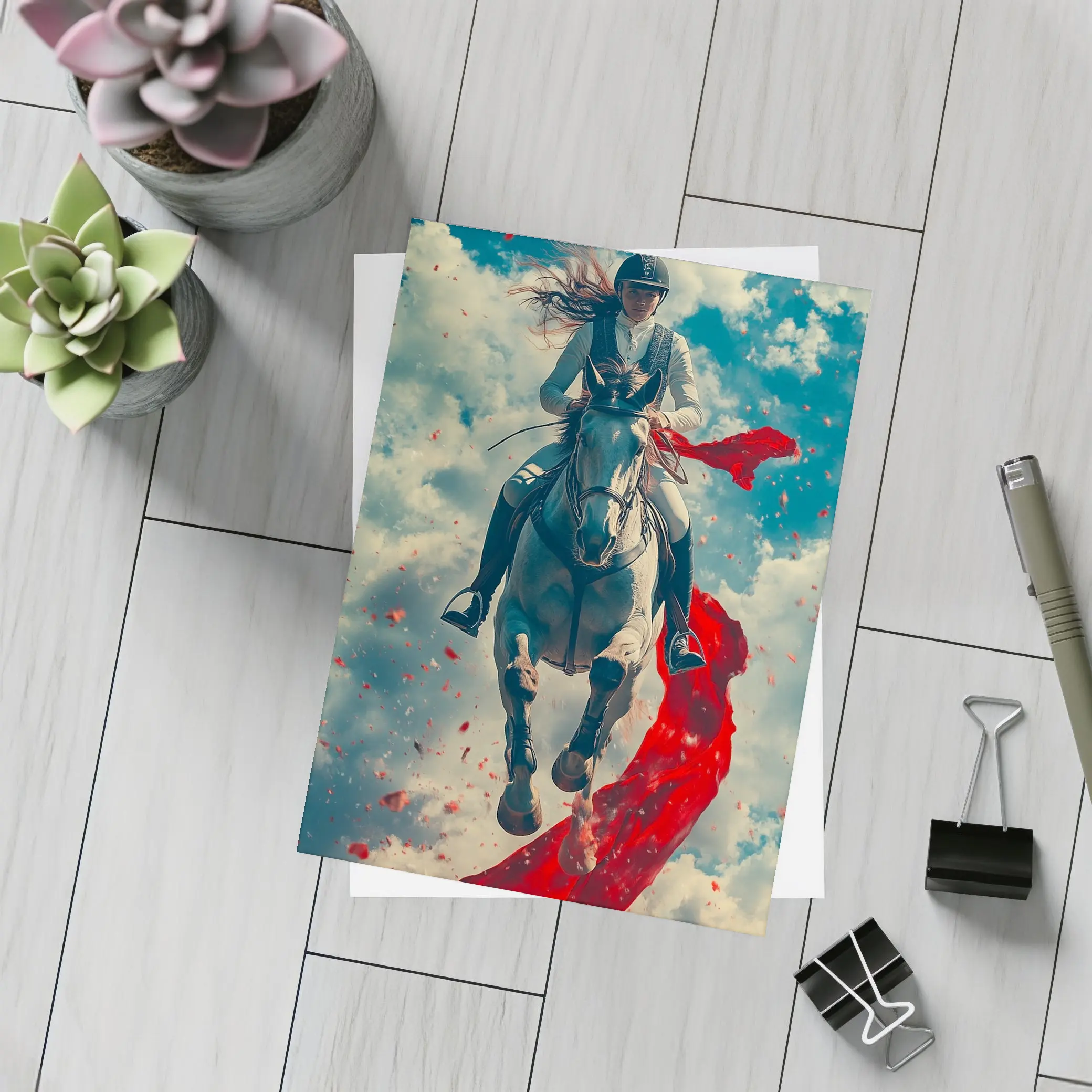 Female Equestrian Riding White Horse Red Ribbon – Postcards