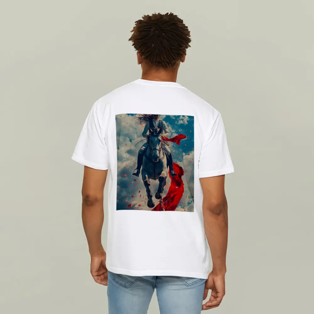 Female Equestrian Riding White Horse Red Ribbon – T-Shirts