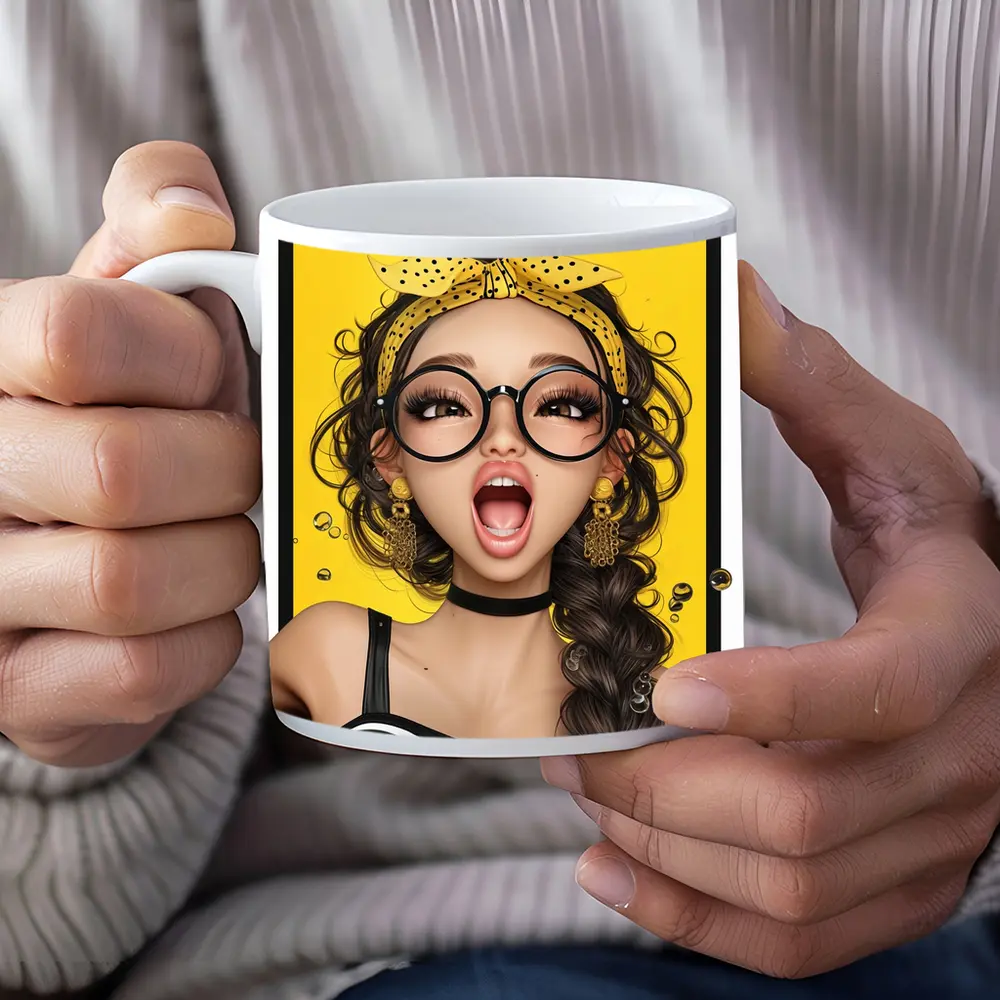 Pop Art Girl Yellow Background Bold Style – Mugs