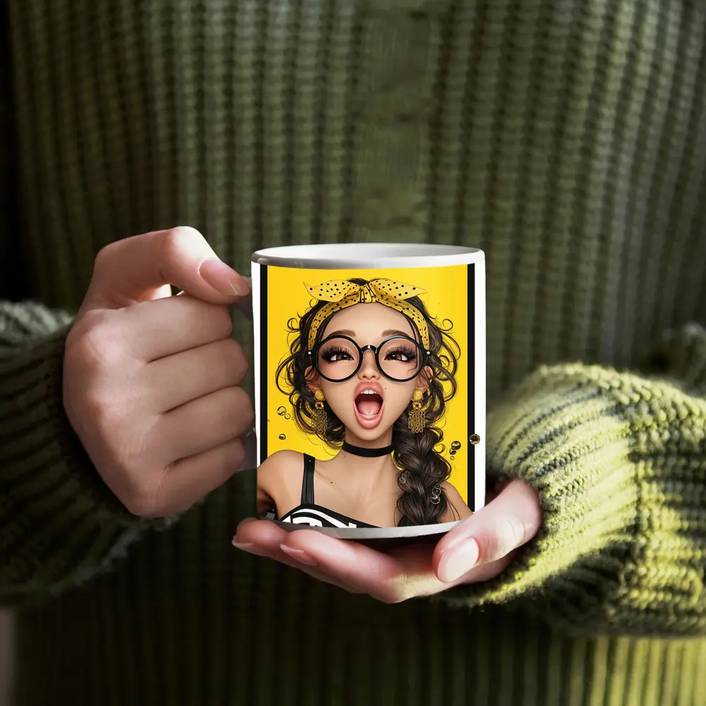 Pop Art Girl Yellow Background Bold Style – Mugs