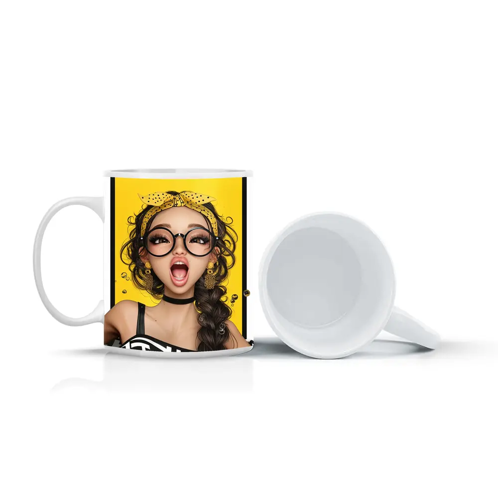 Pop Art Girl Yellow Background Bold Style – Mugs
