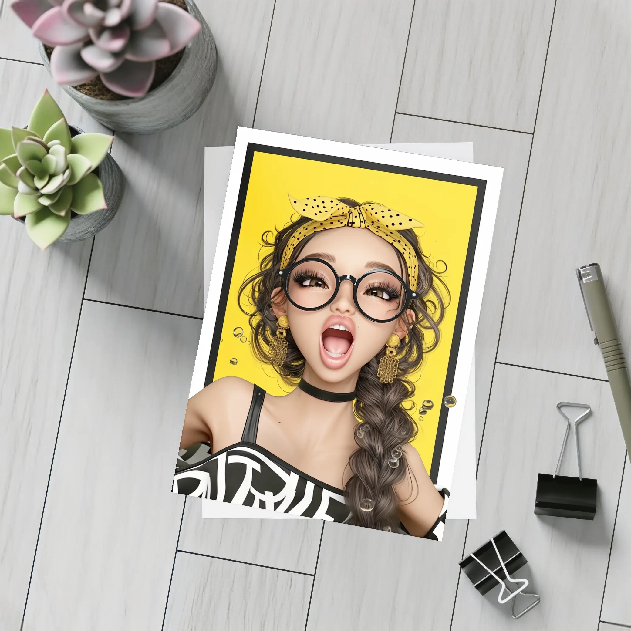 Pop Art Girl Yellow Background Bold Style – Postcards