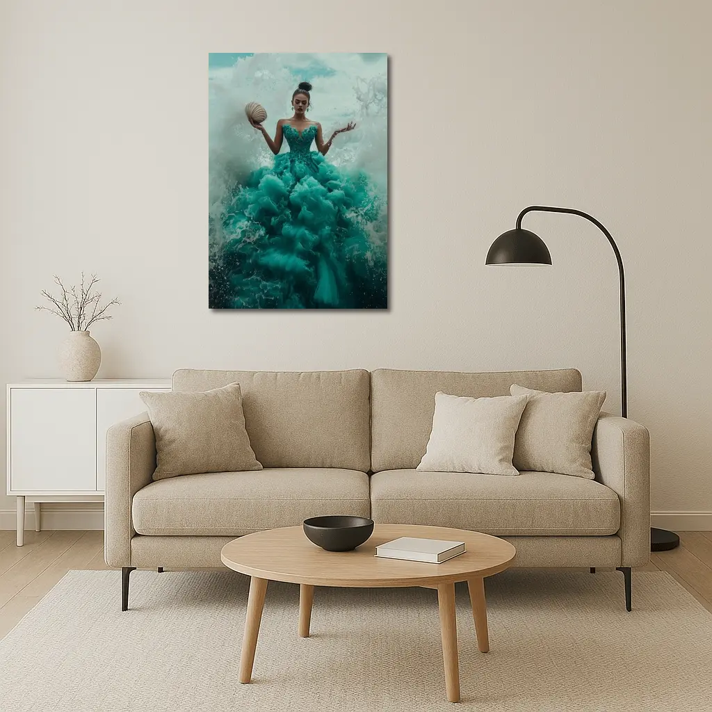 Woman Teal Ball Gown Ocean Waves – Wall Art